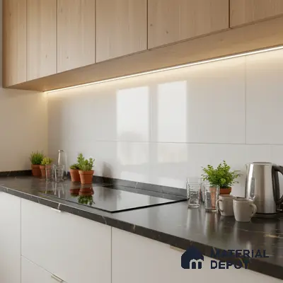 Scandinavian kitchen with light oak laminate cabinets, white backsplash tile, and black marble-look countertop