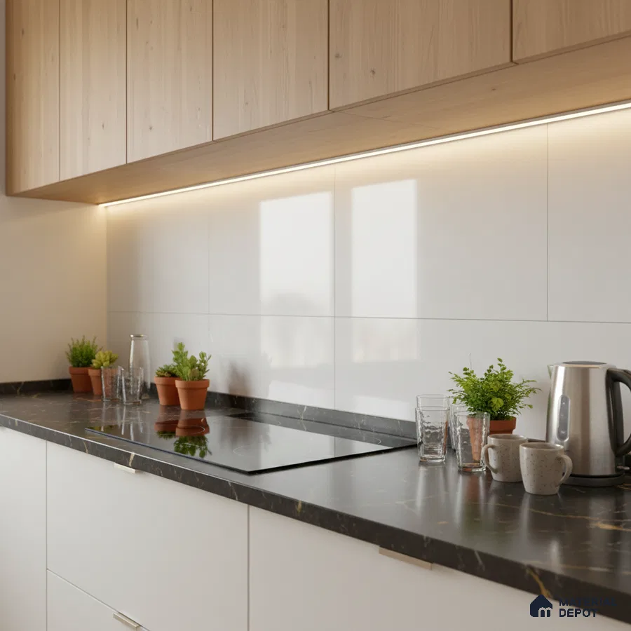 Scandinavian kitchen with light oak laminate cabinets, white backsplash tile, and black marble-look countertop