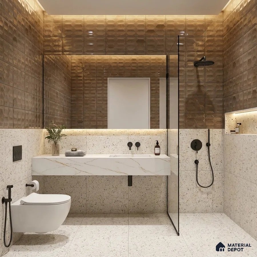 Modern bathroom with 3D brown wall tiles, terrazzo wall and floor tiles, and marble-look vanity