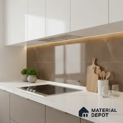 Modern kitchen with white quartz countertop and brown marble-look backsplash tile