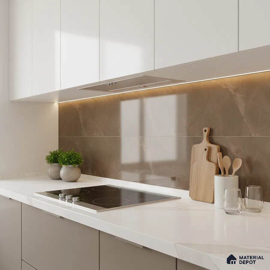 Modern kitchen with white quartz countertop and brown marble-look backsplash tile