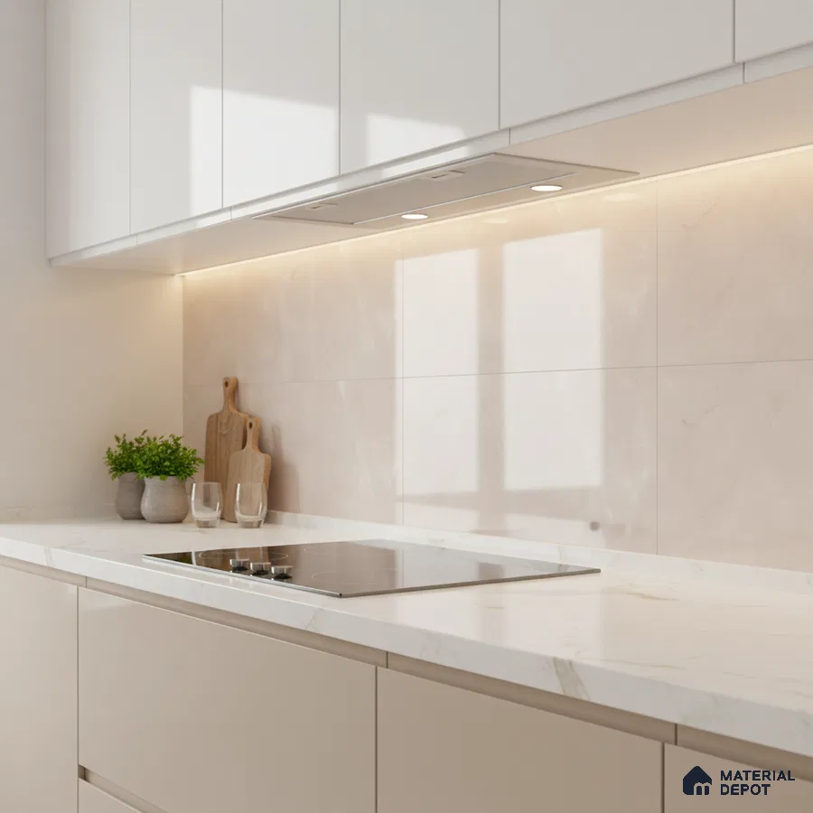 Minimalist kitchen with frosty white laminate cabinets and marble-look quartz countertop