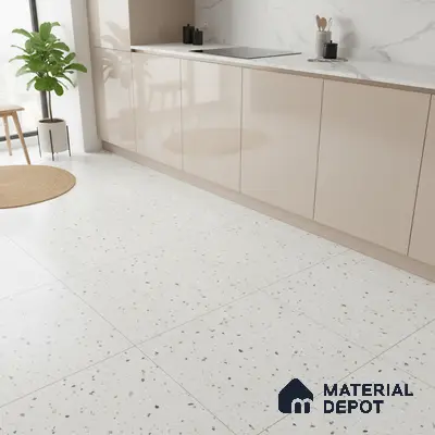 Minimalist kitchen with beige high gloss laminate cabinets, white marble backsplash, and terrazzo floor tiles