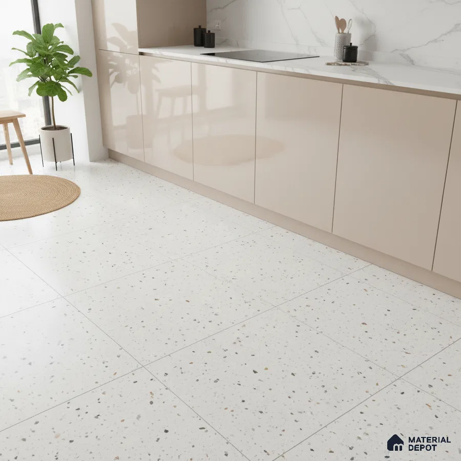 Minimalist kitchen with beige high gloss laminate cabinets, white marble backsplash, and terrazzo floor tiles