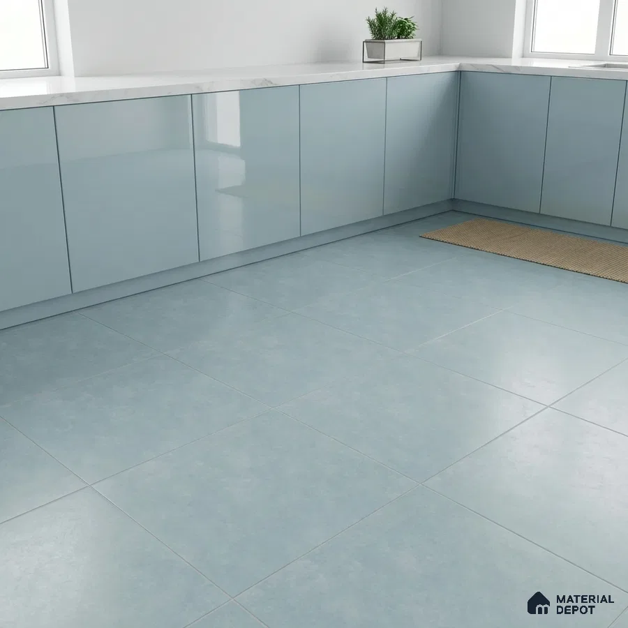 Modern kitchen with pastel blue high gloss laminate cabinets and light blue matte floor tiles