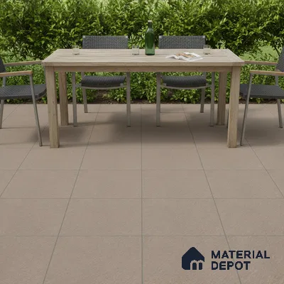 Minimalist outdoor dining with beige stone-look floor tiles and light wood table