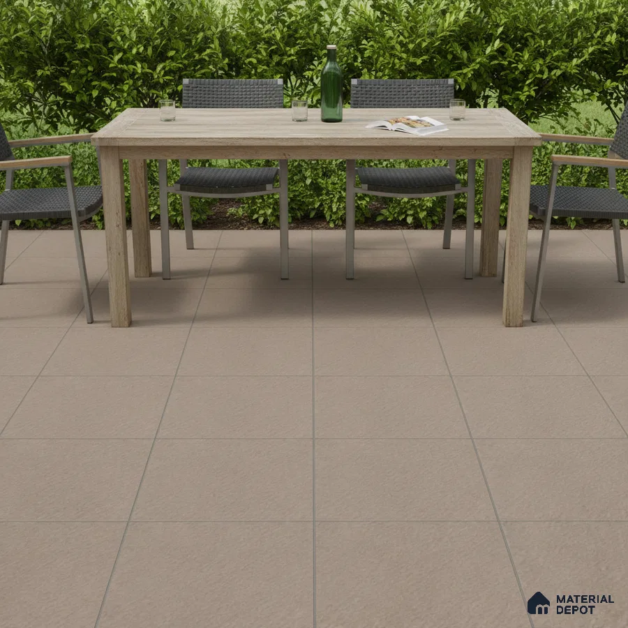 Minimalist outdoor dining with beige stone-look floor tiles and light wood table
