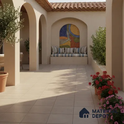 Mediterranean outdoor courtyard with terracotta roof, beige floor tiles, and mosaic accent wall