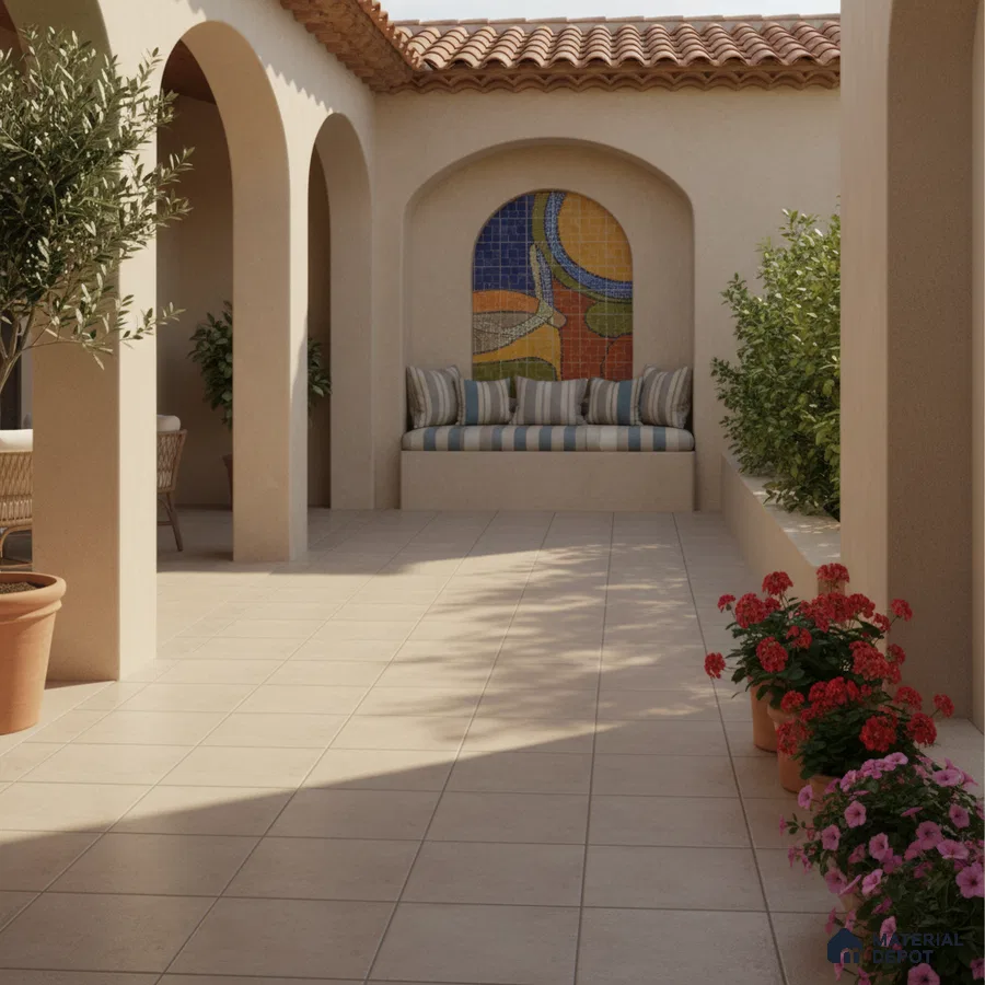 Mediterranean outdoor courtyard with terracotta roof, beige floor tiles, and mosaic accent wall