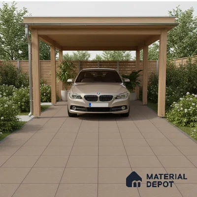 Modern parking with beige outdoor floor tiles and natural wood carport structure