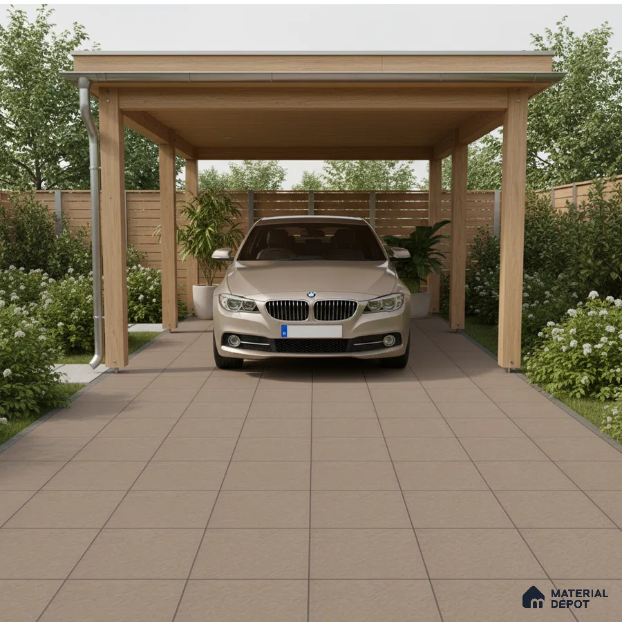 Modern parking with beige outdoor floor tiles and natural wood carport structure