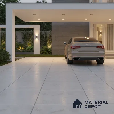 Modern parking with large format matte grey floor tiles and stone cladding accent wall