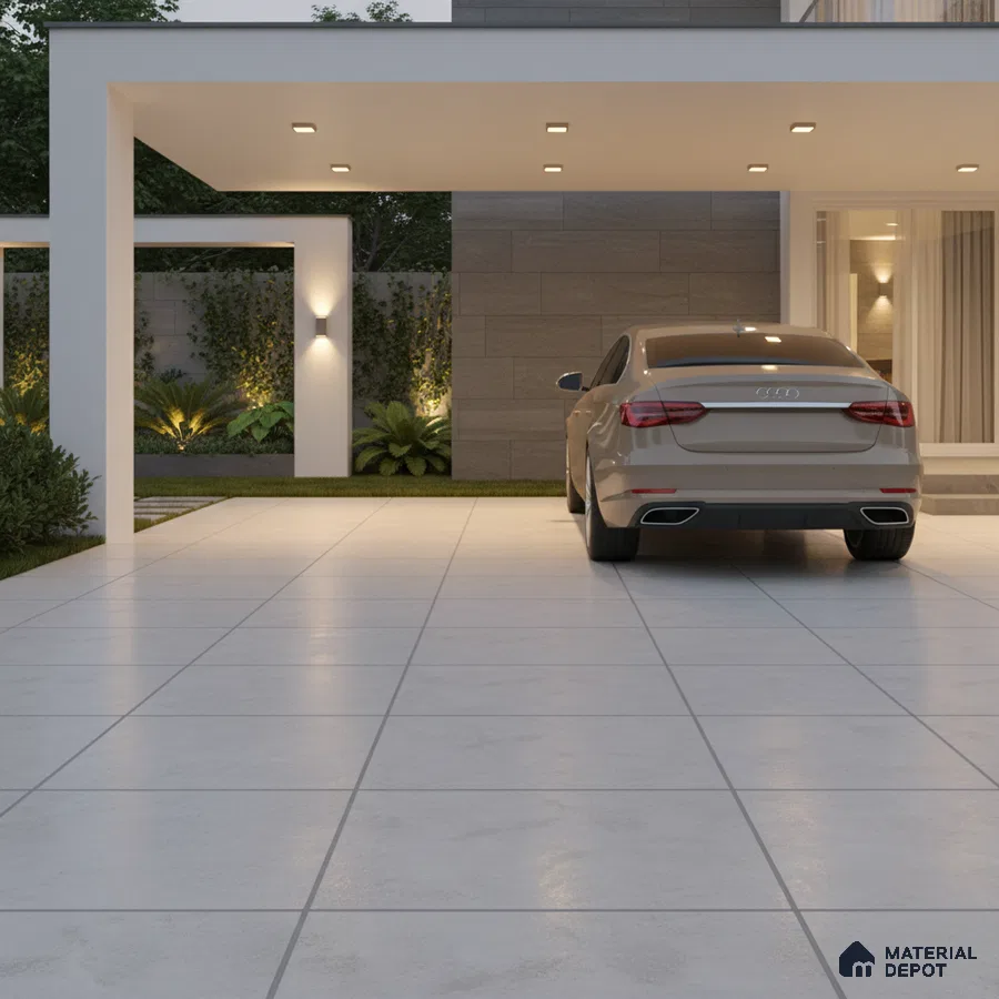 Modern parking with large format matte grey floor tiles and stone cladding accent wall