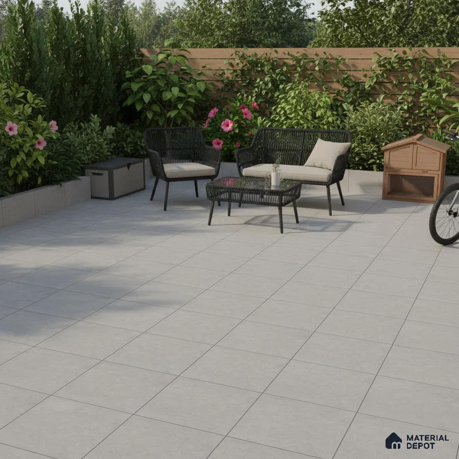 Modern outdoor patio with light grey matte floor tiles and black rope furniture
