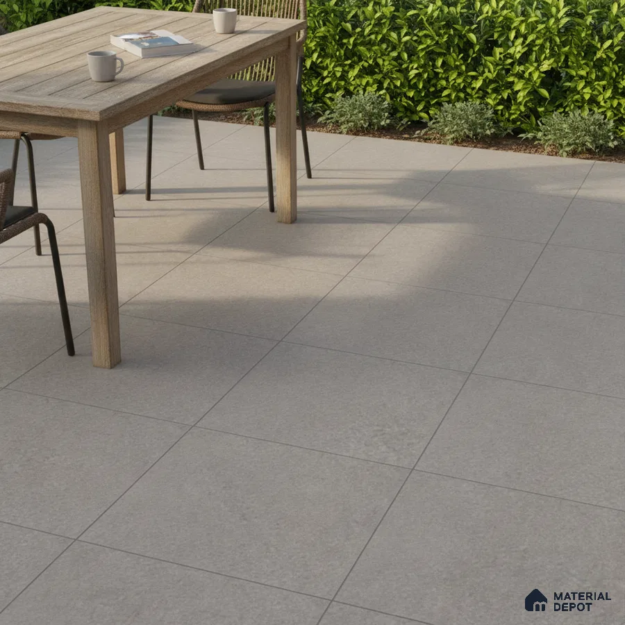 Minimalist outdoor space with light grey stone-look floor tiles and natural wood table