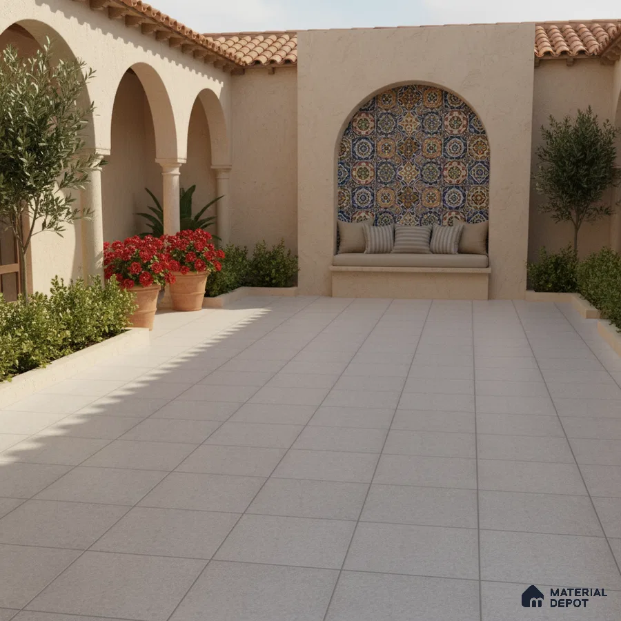 Mediterranean outdoor courtyard with patterned moroccan wall tiles and beige stone floor tiles