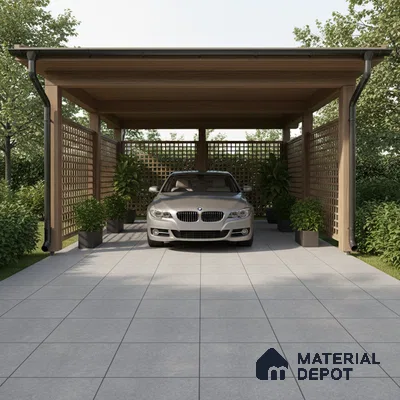Modern parking with grey stone floor tiles and wooden lattice panels