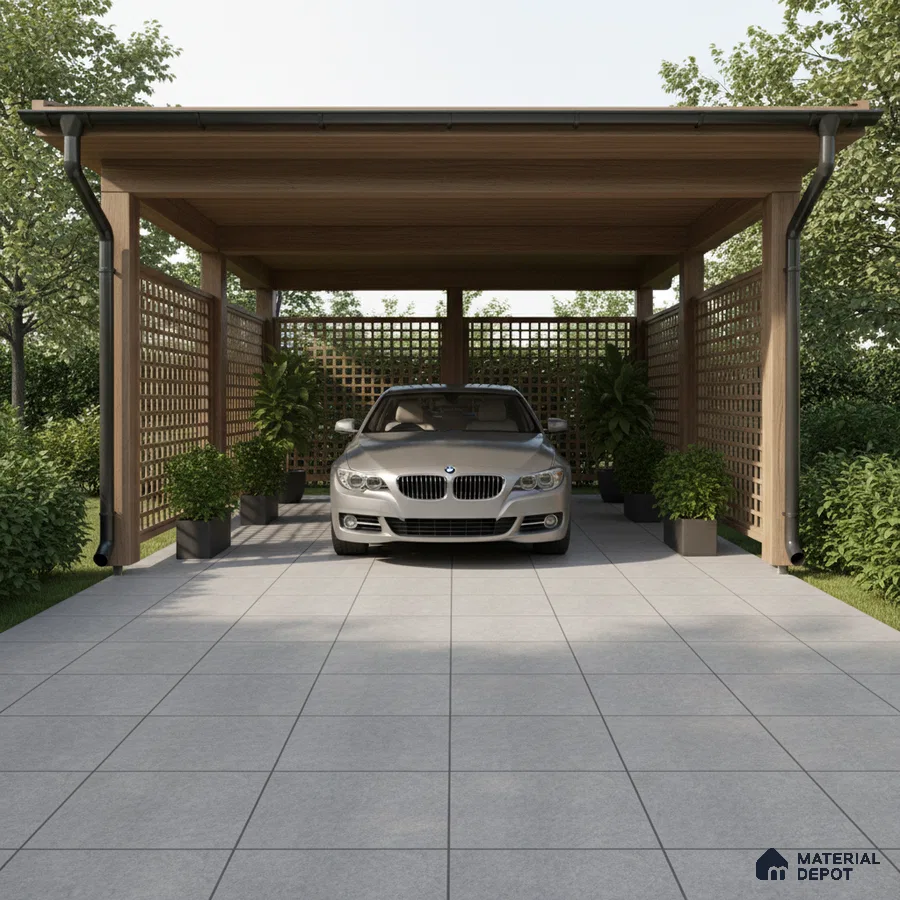 Modern parking with grey stone floor tiles and wooden lattice panels