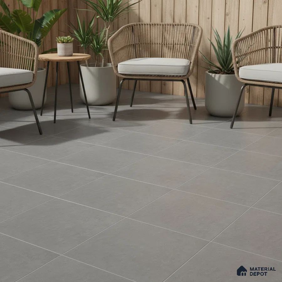 Scandinavian outdoor seating with light wood cladding and matte grey floor tiles