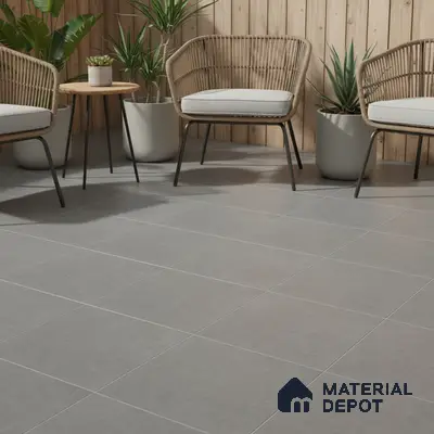 Scandinavian outdoor seating with light wood cladding and matte grey floor tiles