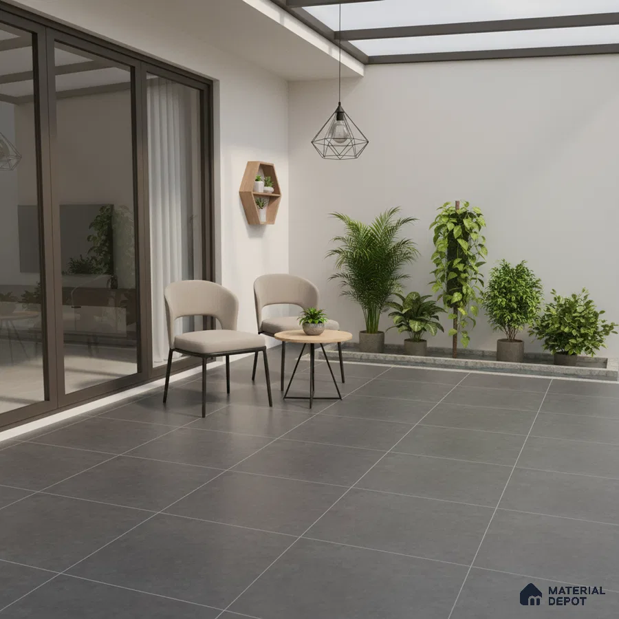 Modern balcony with charcoal grey floor tiles and minimalist outdoor seating