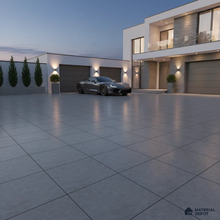 Modern parking with large format grey matte floor tiles and stone cladding accents
