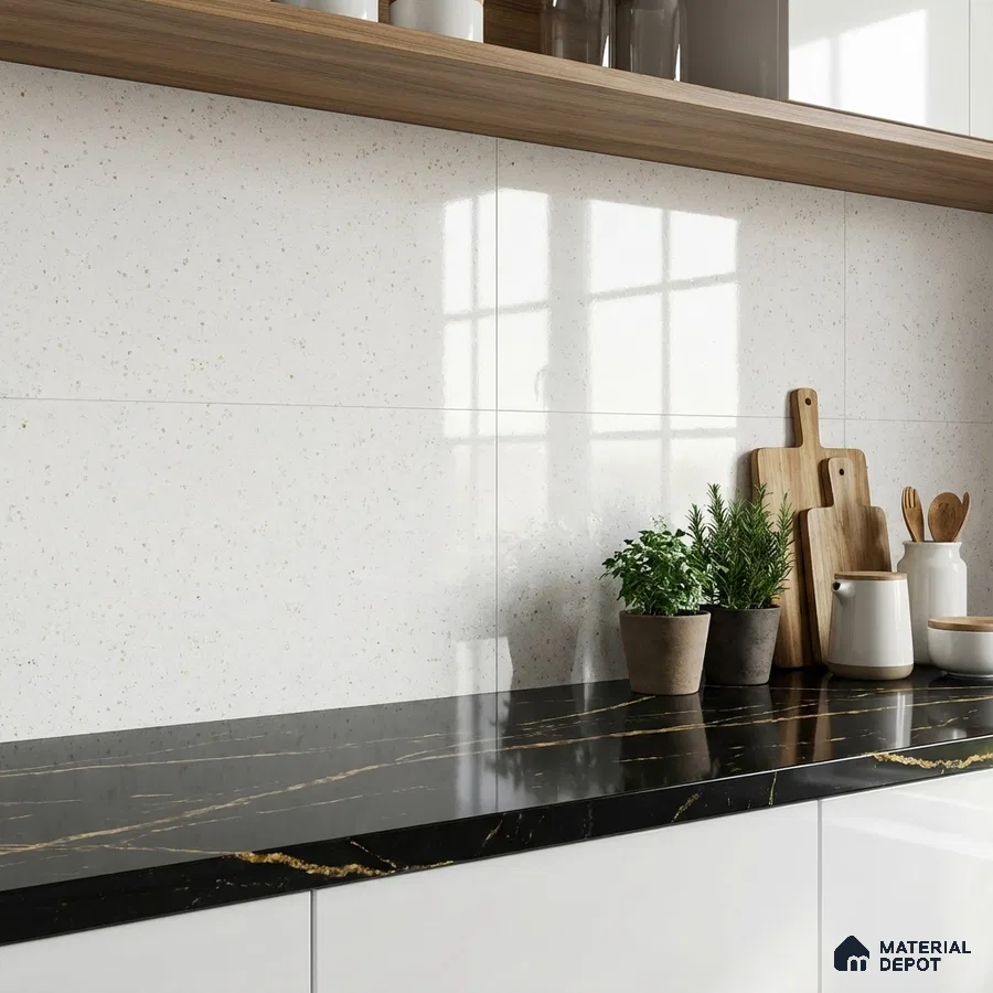 Modern kitchen with black marble countertop, white speckled backsplash tile, and wood open shelf
