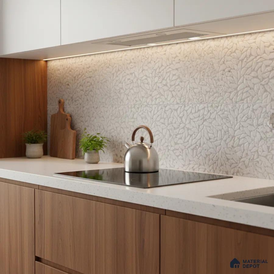 Modern kitchen with walnut wood laminate, white quartz countertop, and textured leaf-patterned backsplash tile