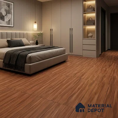 Modern Bedroom with Warm Brown Wood-Look Floor Tile