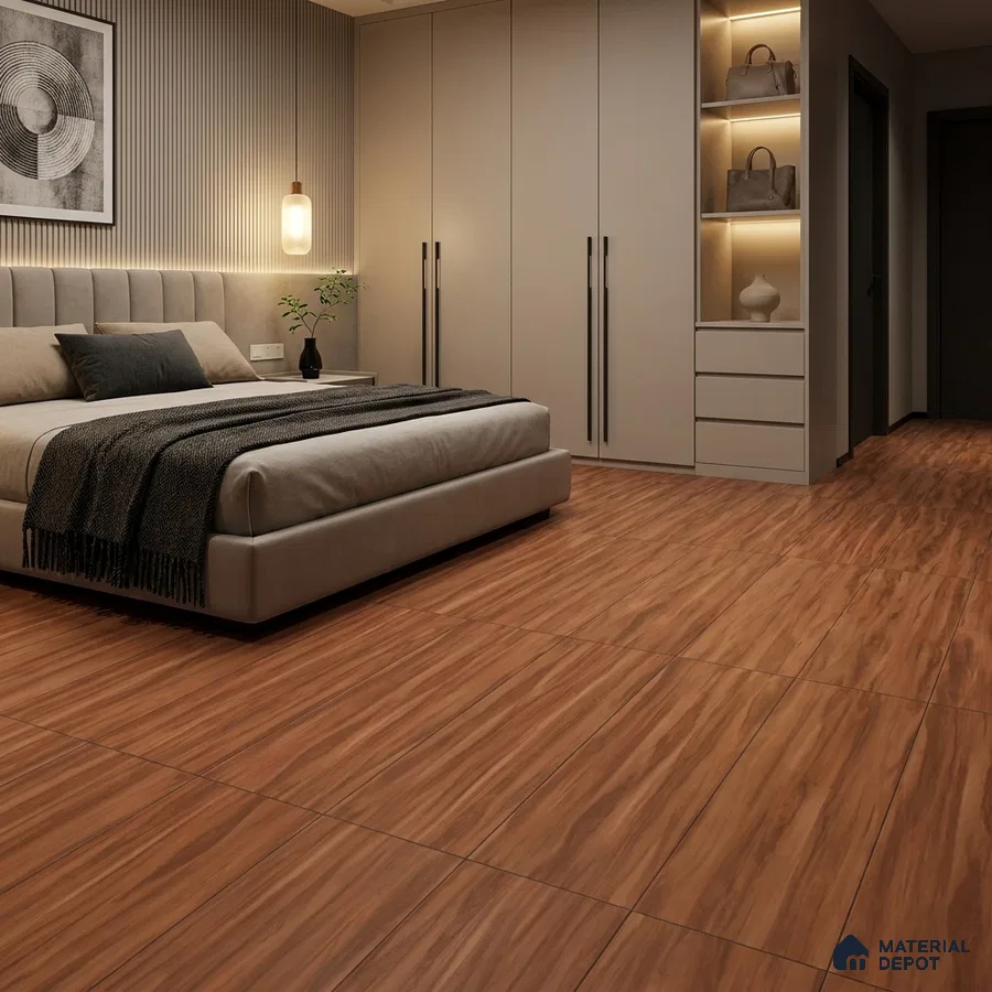 Modern Bedroom with Warm Brown Wood-Look Floor Tile