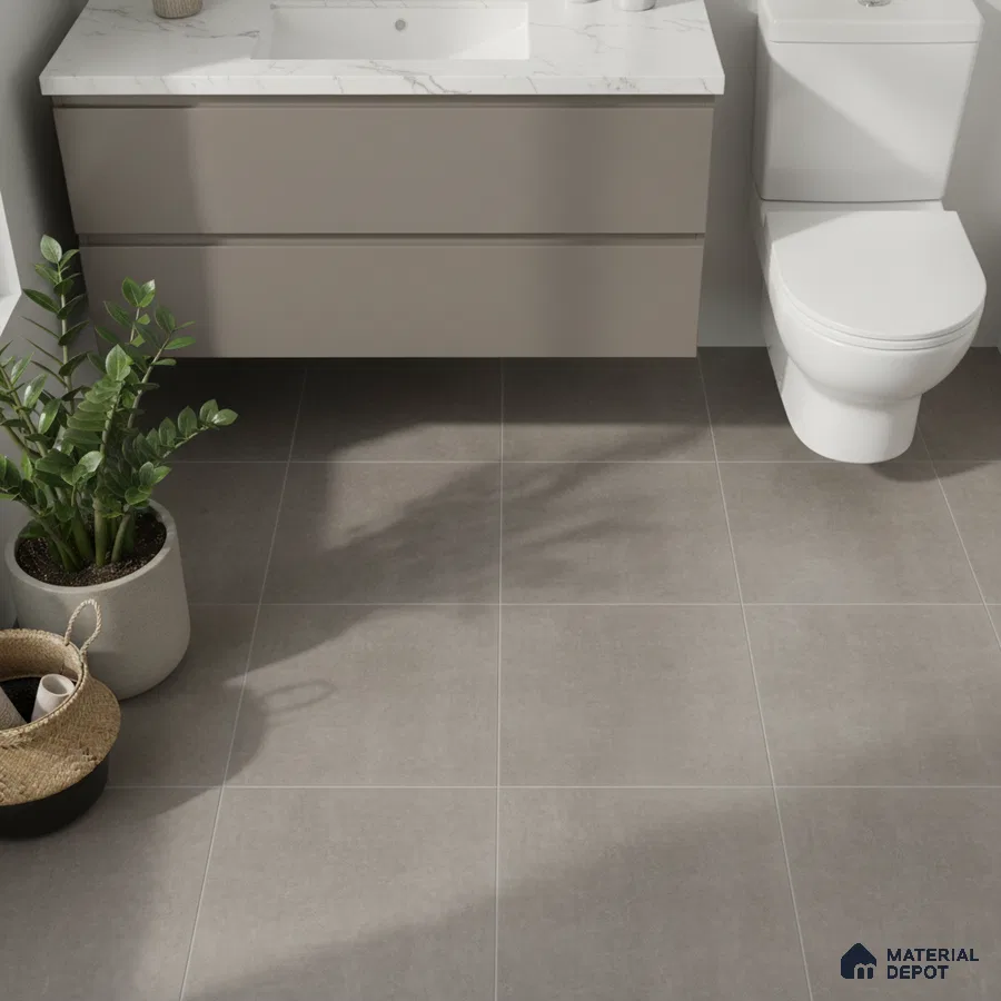 Minimalist bathroom with taupe vanity, white marble countertop, and matte grey floor tiles