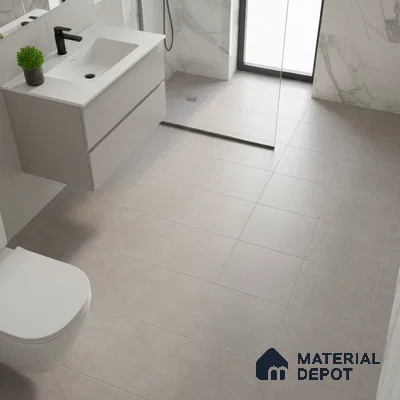 Modern bathroom with matte grey floor tiles and white marble-look wall tiles