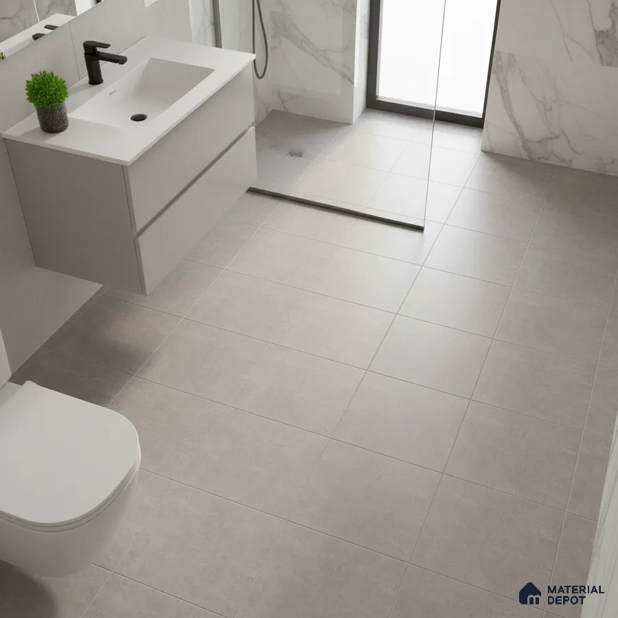Modern bathroom with matte grey floor tiles and white marble-look wall tiles