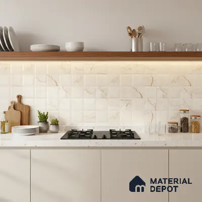 Modern kitchen with beige marble-look backsplash tiles, terrazzo countertop, and taupe laminate cabinets