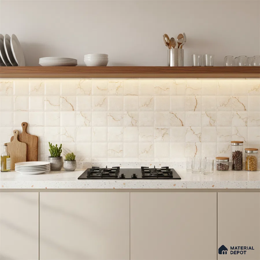 Modern kitchen with beige marble-look backsplash tiles, terrazzo countertop, and taupe laminate cabinets