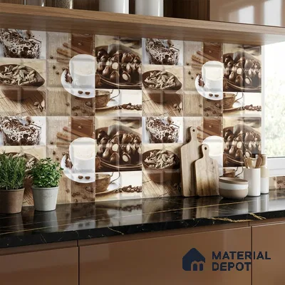 Modern kitchen with coffee-themed digital print backsplash tiles and black marble countertop