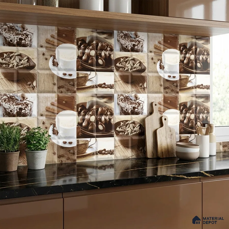 Modern kitchen with coffee-themed digital print backsplash tiles and black marble countertop