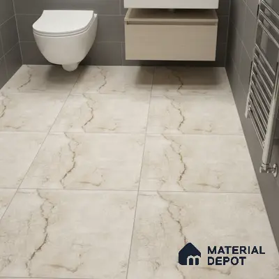 Modern bathroom with beige marble-look floor tiles and grey wall tiles