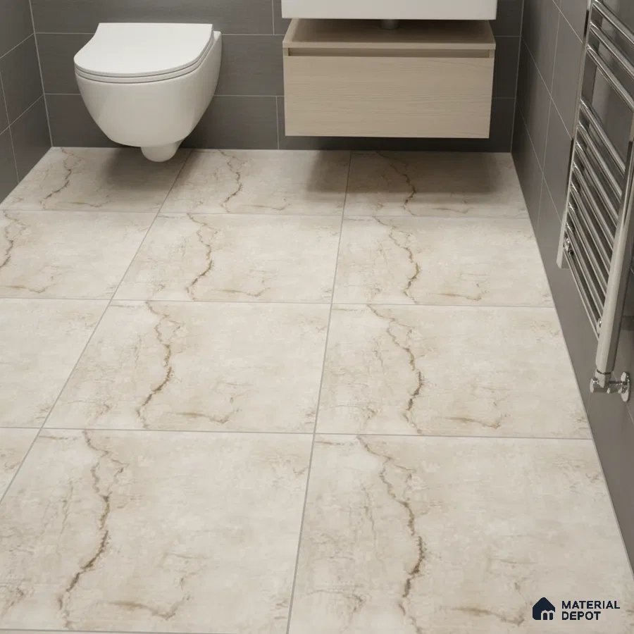 Modern bathroom with beige marble-look floor tiles and grey wall tiles