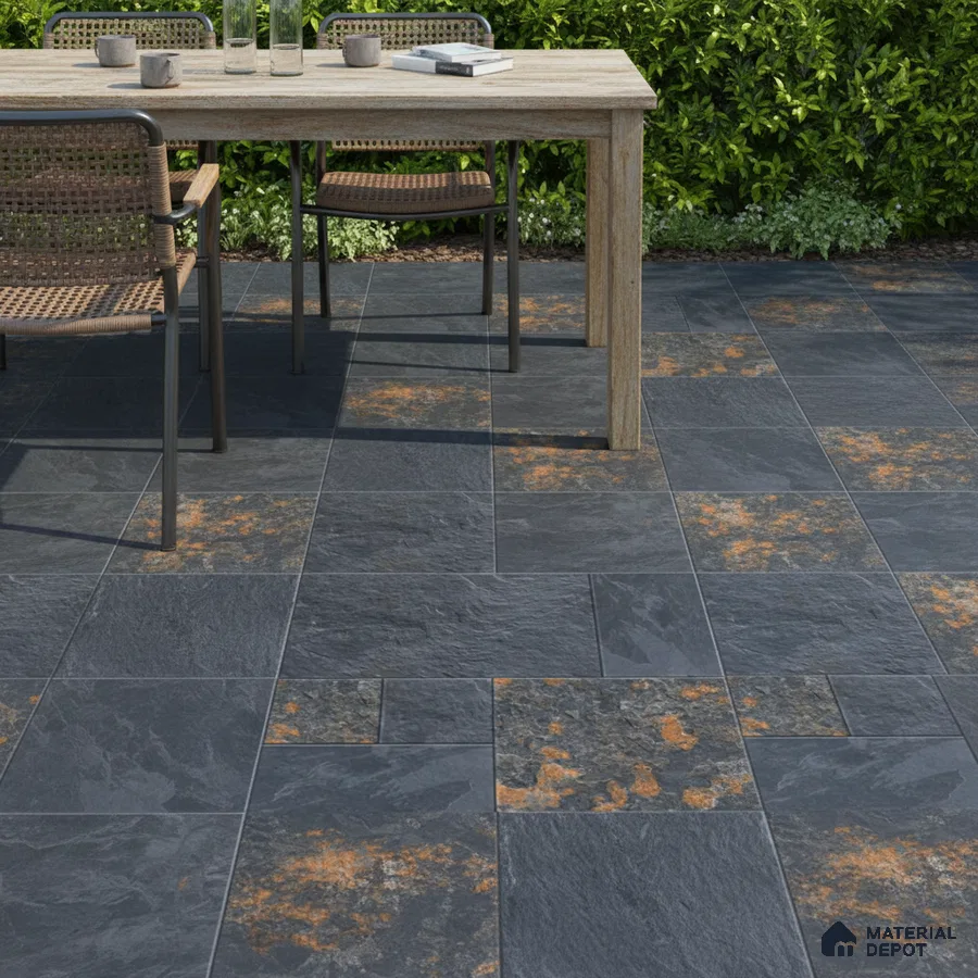 Industrial outdoor space with rustic slate-look floor tiles and wooden dining set