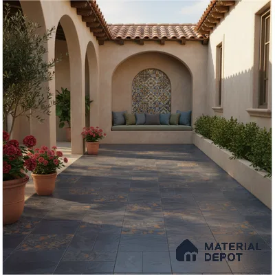 Mediterranean outdoor courtyard with blue slate floor tiles and patterned moroccan accent wall tile