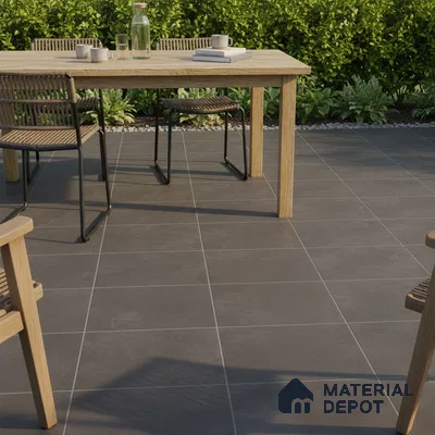 Minimalist outdoor patio with matte grey floor tiles and natural wood dining set