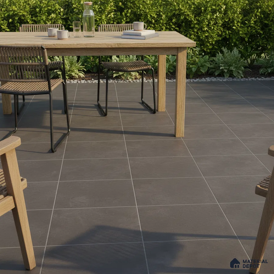 Minimalist outdoor patio with matte grey floor tiles and natural wood dining set