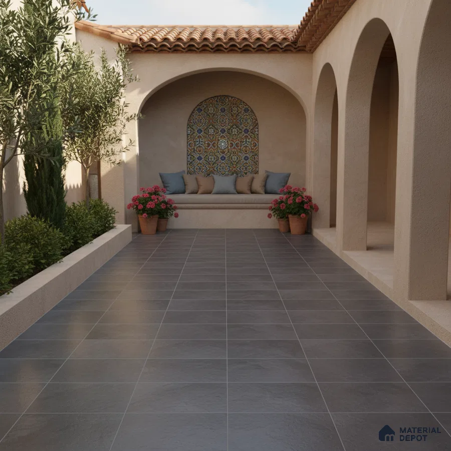 Mediterranean outdoor courtyard with terracotta roof, patterned mosaic wall tile, and grey stone floor tiles