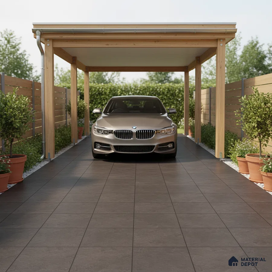 Modern parking with charcoal grey outdoor floor tiles and natural wood pergola