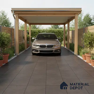 Modern parking with charcoal grey outdoor floor tiles and natural wood pergola