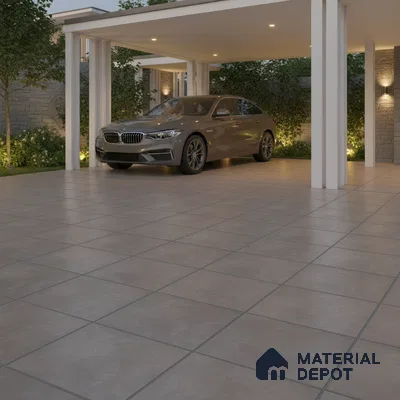 Modern parking area with large format matte grey floor tiles and white pergola structure