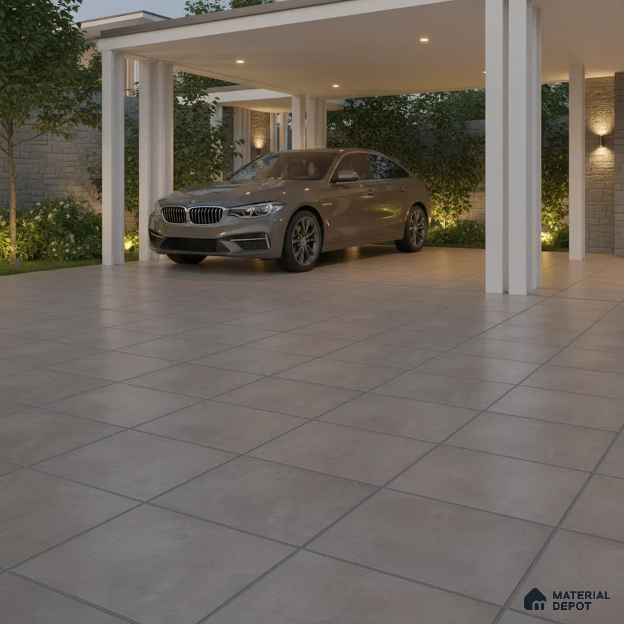 Modern parking area with large format matte grey floor tiles and white pergola structure