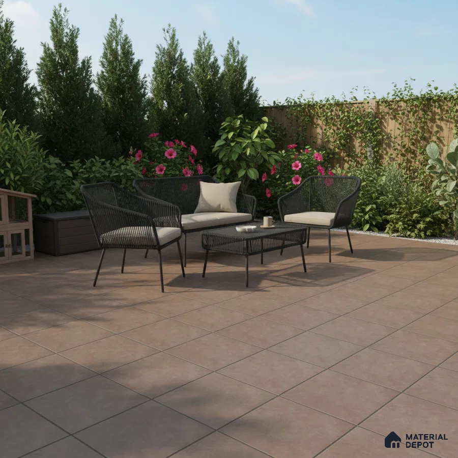 Modern outdoor patio with matte brown floor tiles and black metal furniture