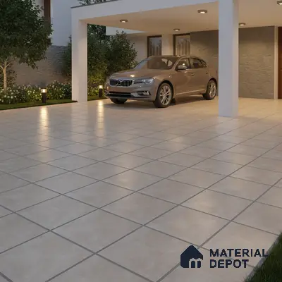 Modern parking area with beige anti-skid floor tiles and stone cladding accent wall